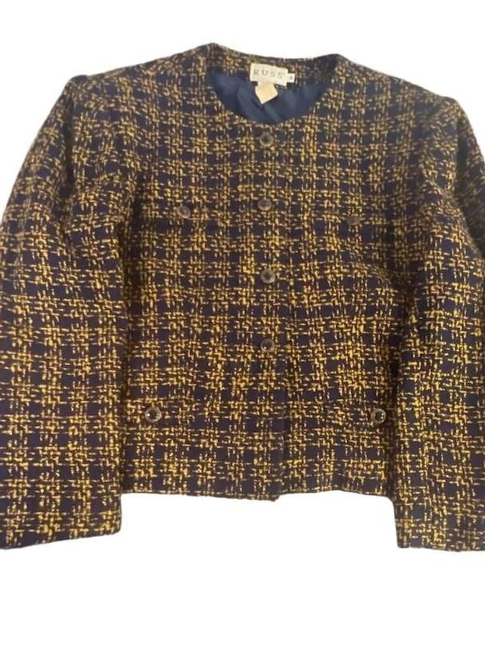 Russ Vintage Navy Blue and Yellow Tweed Collarless Blazer Jacket Size 16